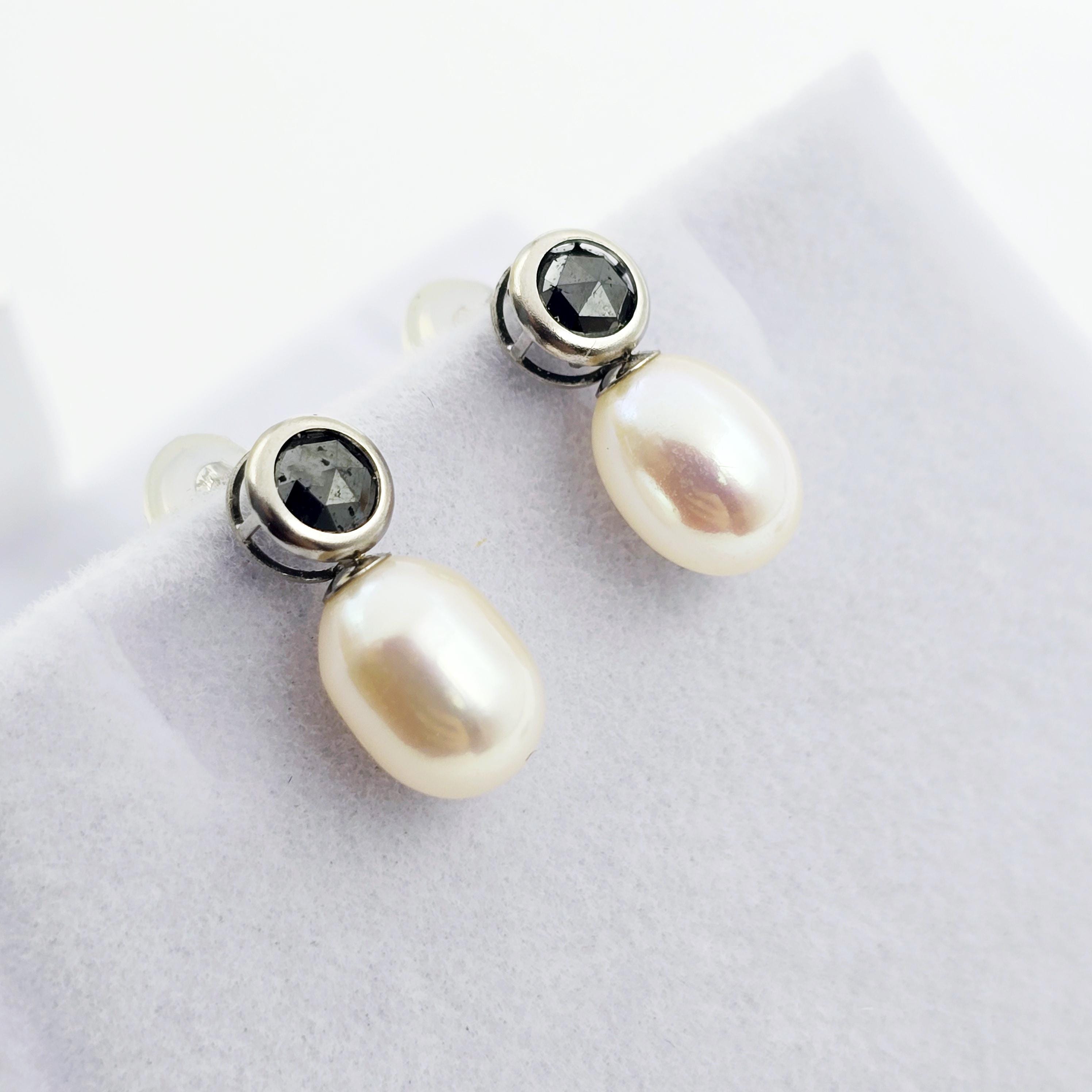 Handmade 14K White Gold Genuine Freshwater Pearl & Black Diamond Stud Earrings | Elegant Wedding Jewelry | Unique Bridal Accessories