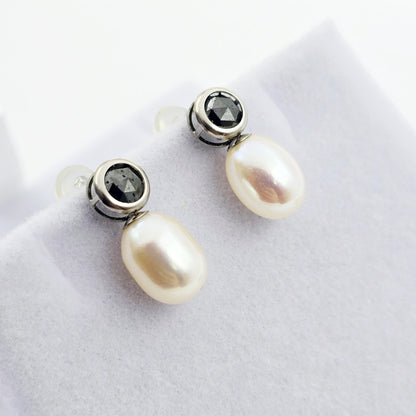 Handmade 14K White Gold Genuine Freshwater Pearl & Black Diamond Stud Earrings | Elegant Wedding Jewelry | Unique Bridal Accessories