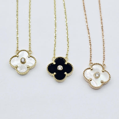 Gold Flower Necklace, Solid 10K Gold Pendant For Women, Floral Jewelry Gold Necklace With Mother Of Pearl, Onyx Gold Flower Pendant