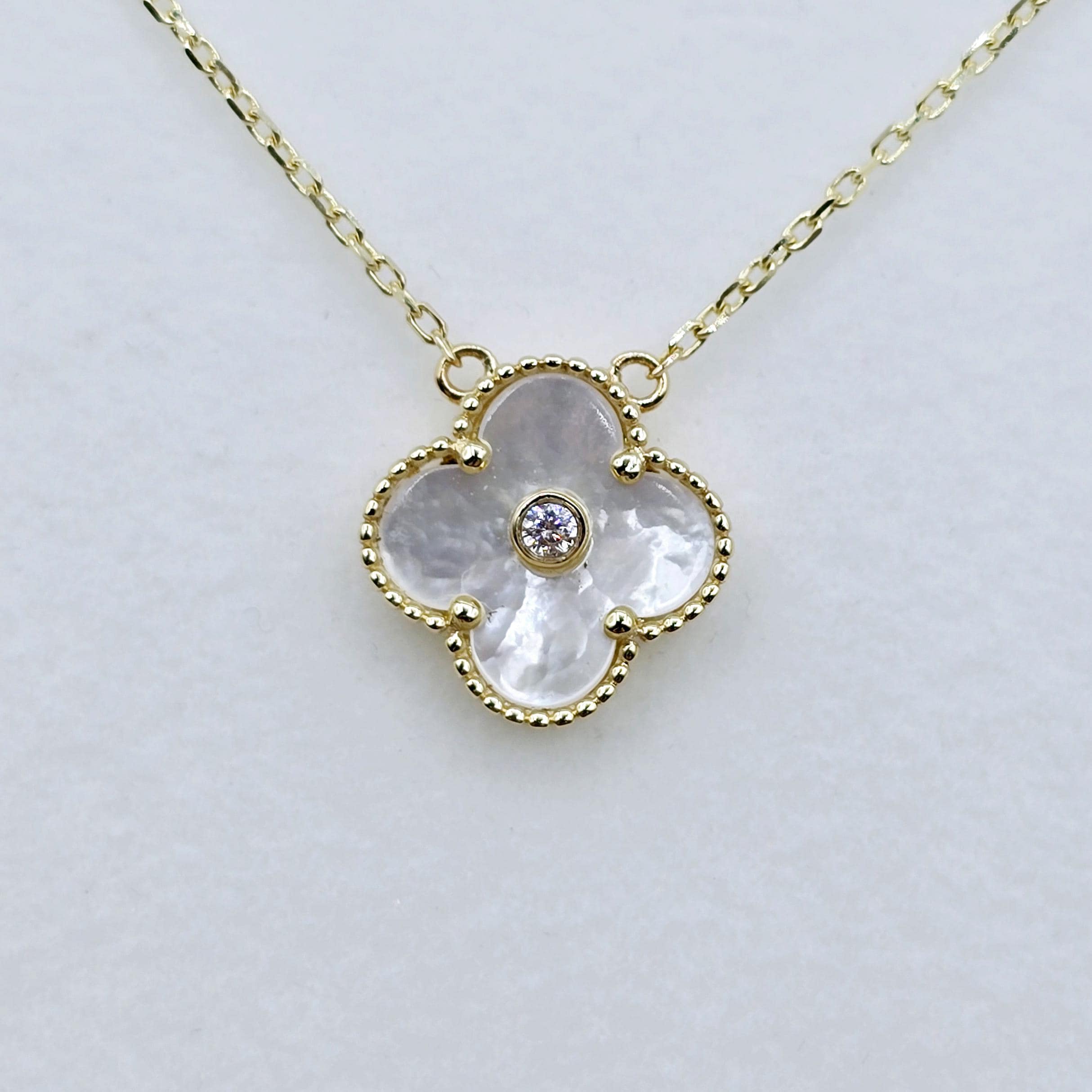 Gold Flower Necklace, Solid 10K Gold Pendant For Women, Floral Jewelry Gold Necklace With Mother Of Pearl, Onyx Gold Flower Pendant