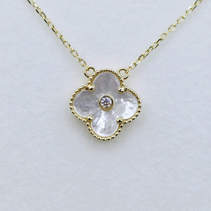 Gold Flower Necklace, Solid 10K Gold Pendant For Women, Floral Jewelry Gold Necklace With Mother Of Pearl, Onyx Gold Flower Pendant