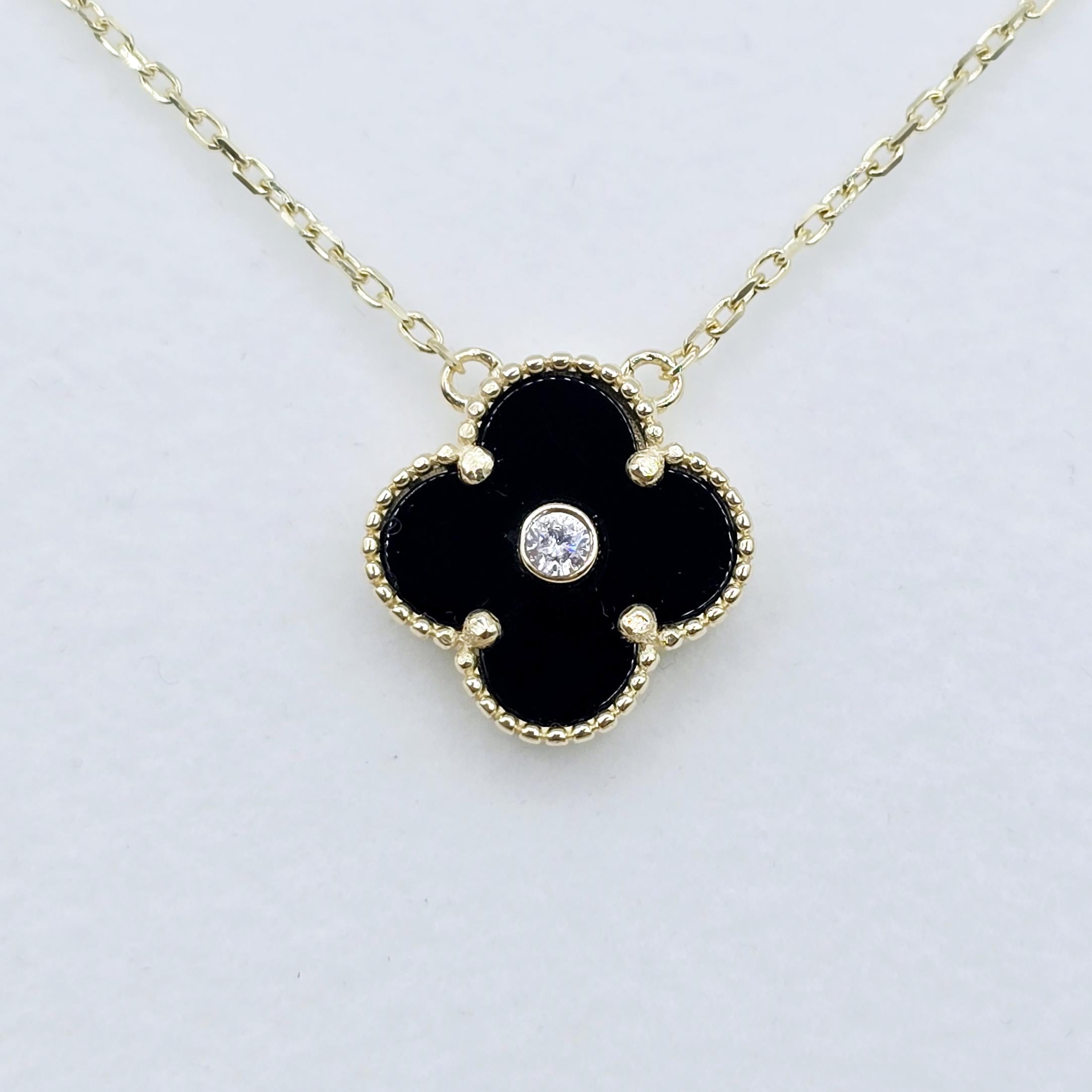 Gold Flower Necklace, Solid 10K Gold Pendant For Women, Floral Jewelry Gold Necklace With Mother Of Pearl, Onyx Gold Flower Pendant