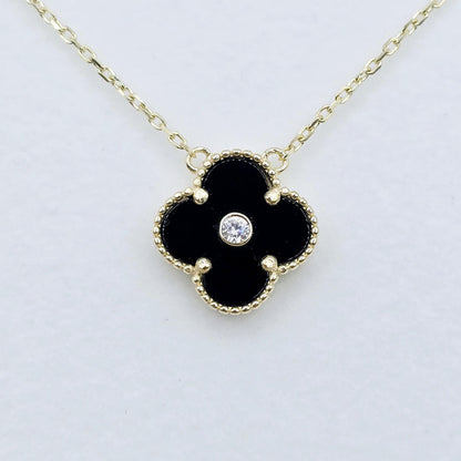Gold Flower Necklace, Solid 10K Gold Pendant For Women, Floral Jewelry Gold Necklace With Mother Of Pearl, Onyx Gold Flower Pendant