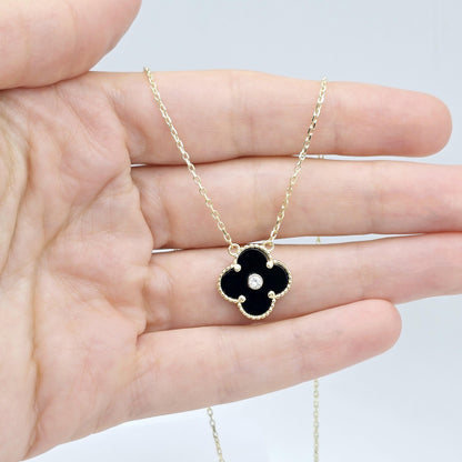 Gold Flower Necklace, Solid 10K Gold Pendant For Women, Floral Jewelry Gold Necklace With Mother Of Pearl, Onyx Gold Flower Pendant