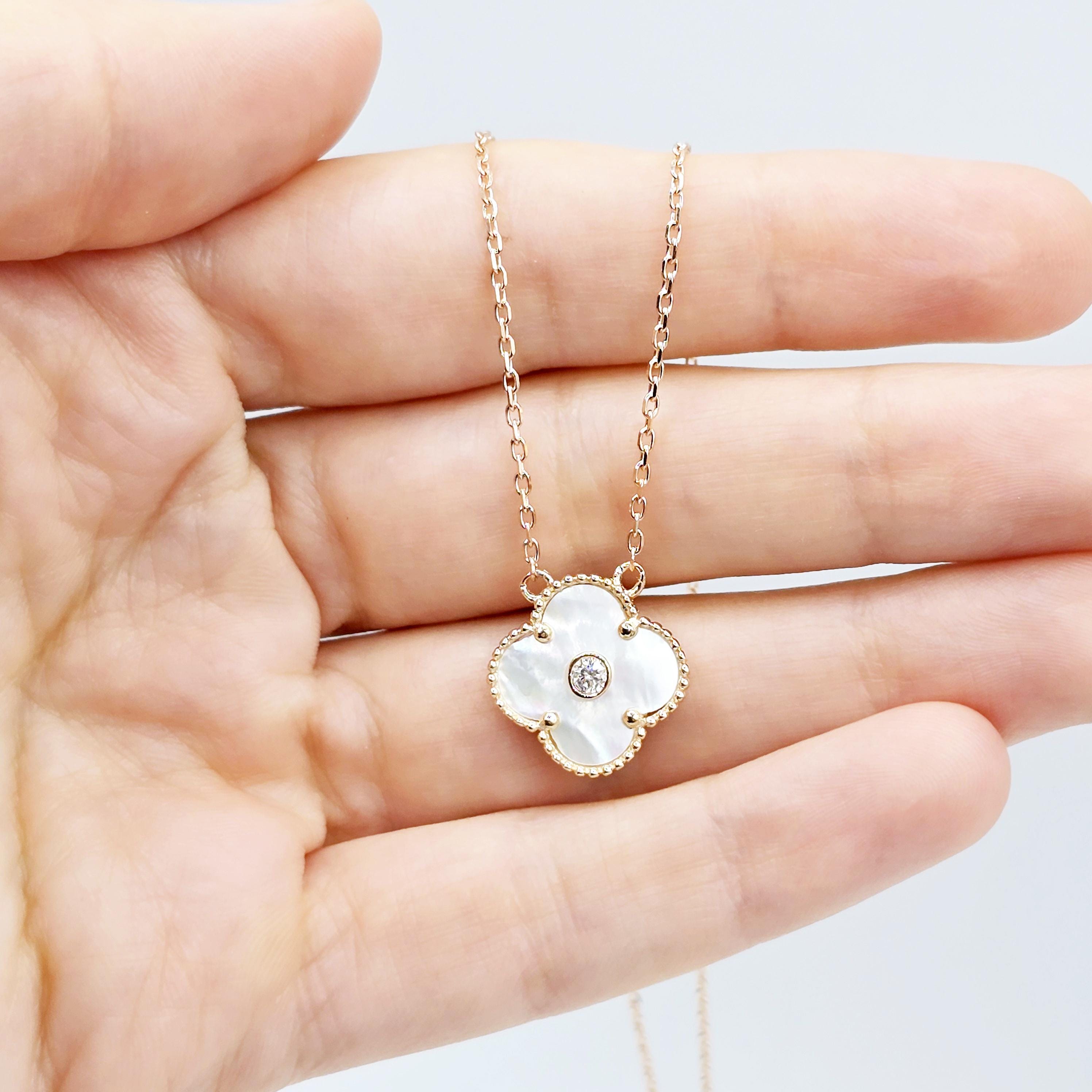 Gold Flower Necklace, Solid 10K Gold Pendant For Women, Floral Jewelry Gold Necklace With Mother Of Pearl, Onyx Gold Flower Pendant