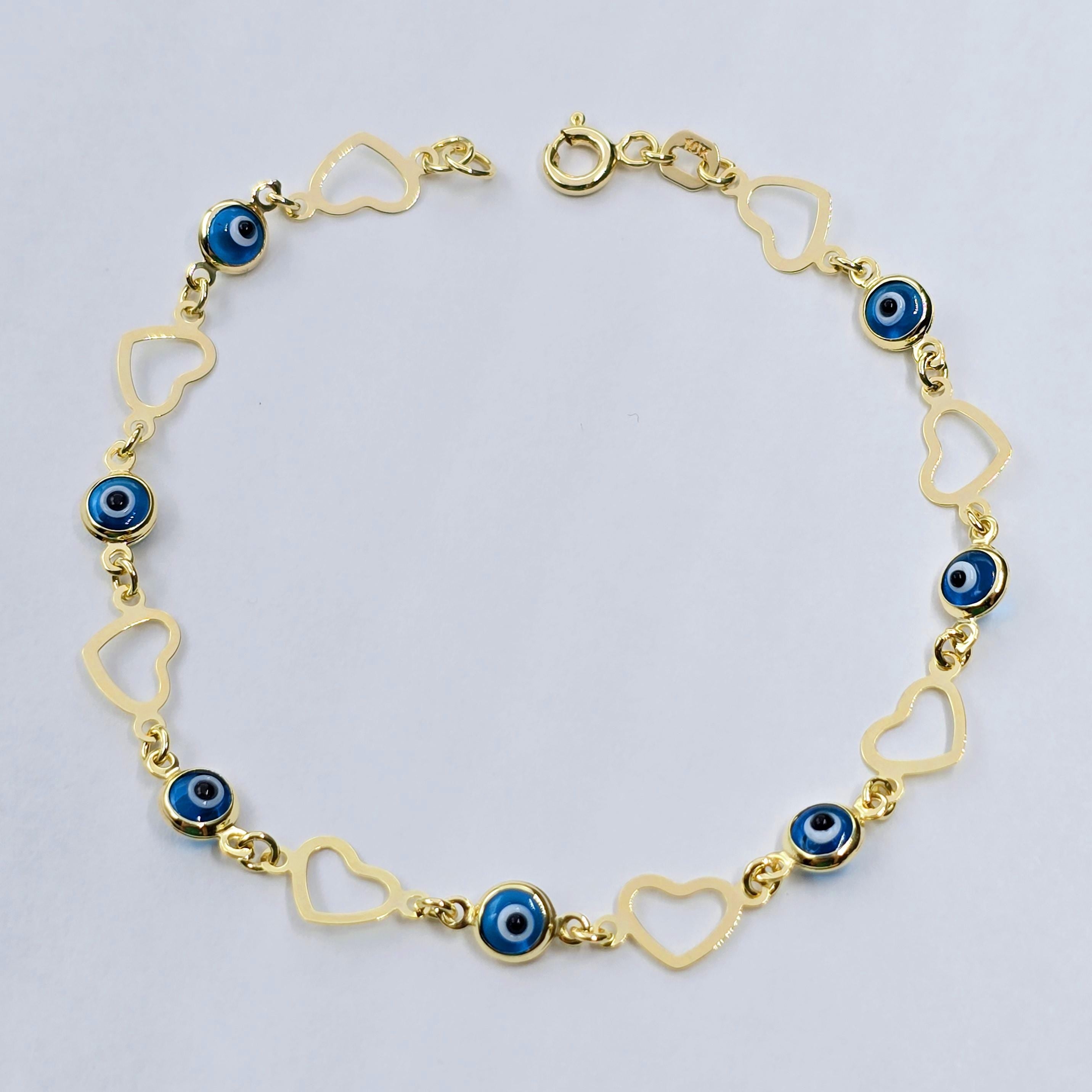 10K Yellow Gold Evil Eye Bracelet, Evil Eye and Heart Charm Bracelet,  Love and Luck Bracelet, Spiritual Jewelry, Gold Evil Eye Gift