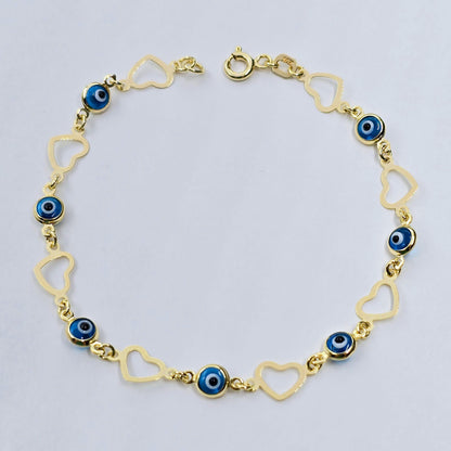 10K Yellow Gold Evil Eye Bracelet, Evil Eye and Heart Charm Bracelet,  Love and Luck Bracelet, Spiritual Jewelry, Gold Evil Eye Gift