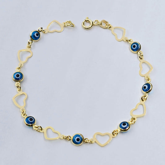 10K Yellow Gold Evil Eye Bracelet, Evil Eye and Heart Charm Bracelet,  Love and Luck Bracelet, Spiritual Jewelry, Gold Evil Eye Gift