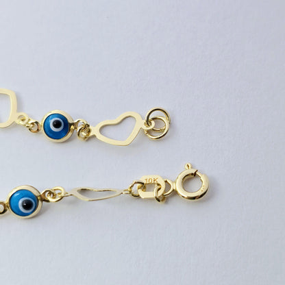 10K Yellow Gold Evil Eye Bracelet, Evil Eye and Heart Charm Bracelet,  Love and Luck Bracelet, Spiritual Jewelry, Gold Evil Eye Gift