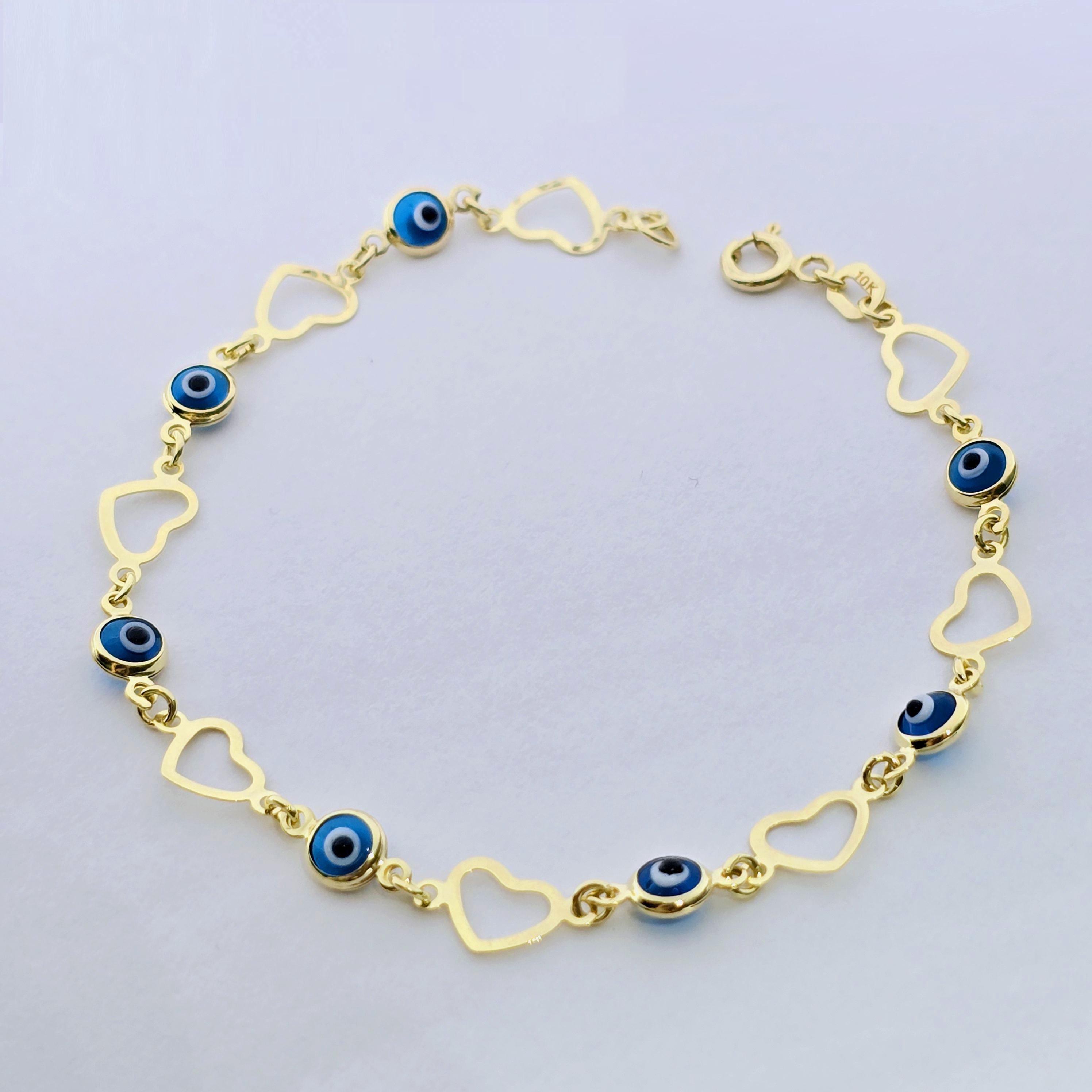 10K Yellow Gold Evil Eye Bracelet, Evil Eye and Heart Charm Bracelet,  Love and Luck Bracelet, Spiritual Jewelry, Gold Evil Eye Gift