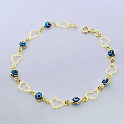 10K Yellow Gold Evil Eye Bracelet, Evil Eye and Heart Charm Bracelet,  Love and Luck Bracelet, Spiritual Jewelry, Gold Evil Eye Gift