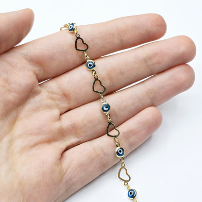 10K Yellow Gold Evil Eye Bracelet, Evil Eye and Heart Charm Bracelet,  Love and Luck Bracelet, Spiritual Jewelry, Gold Evil Eye Gift