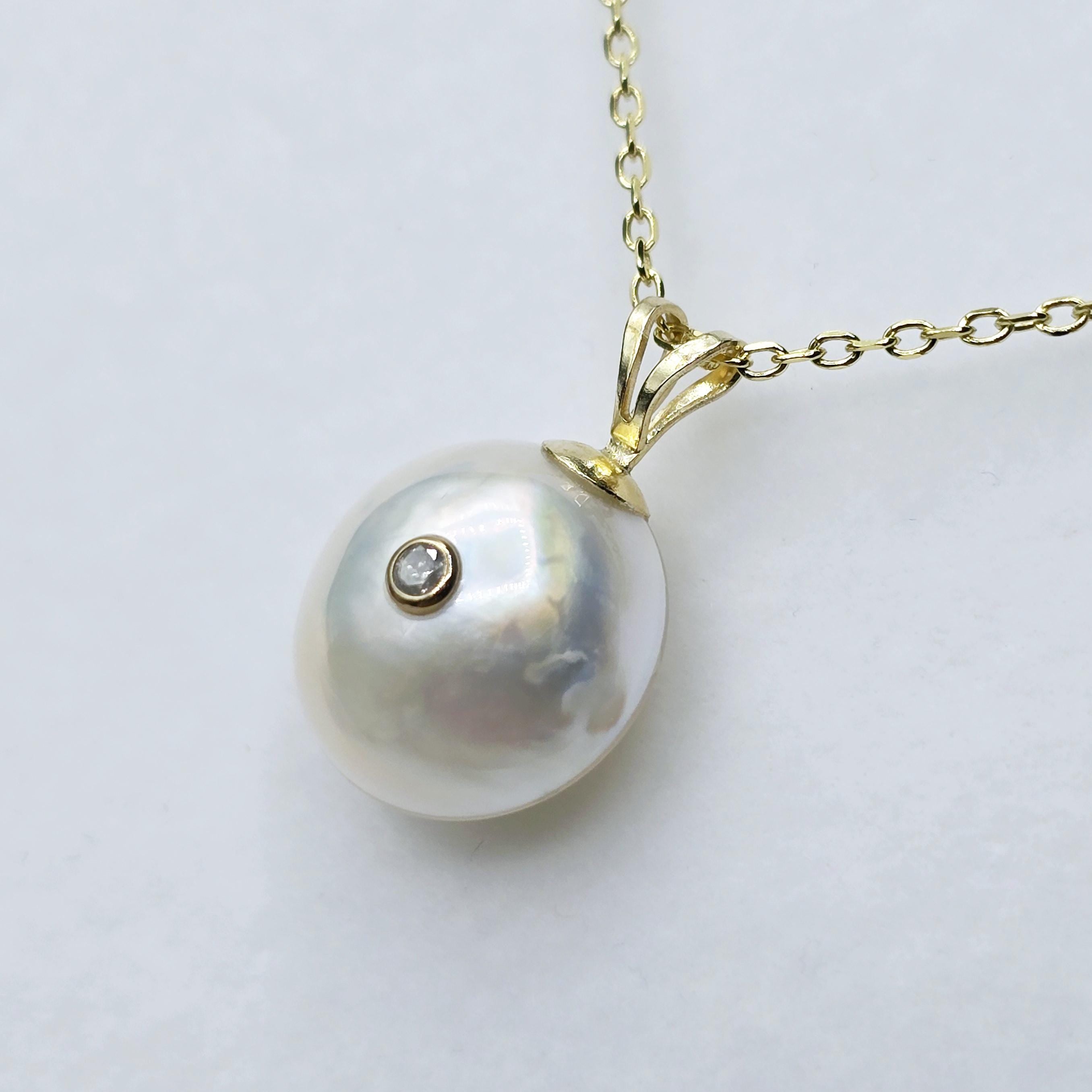 Gold Natural Pearl and Diamond Pendant Necklace, 14K Yellow Gold Pendant set with 12mm Mabe Pearl and Genuine Diamond Pendant
