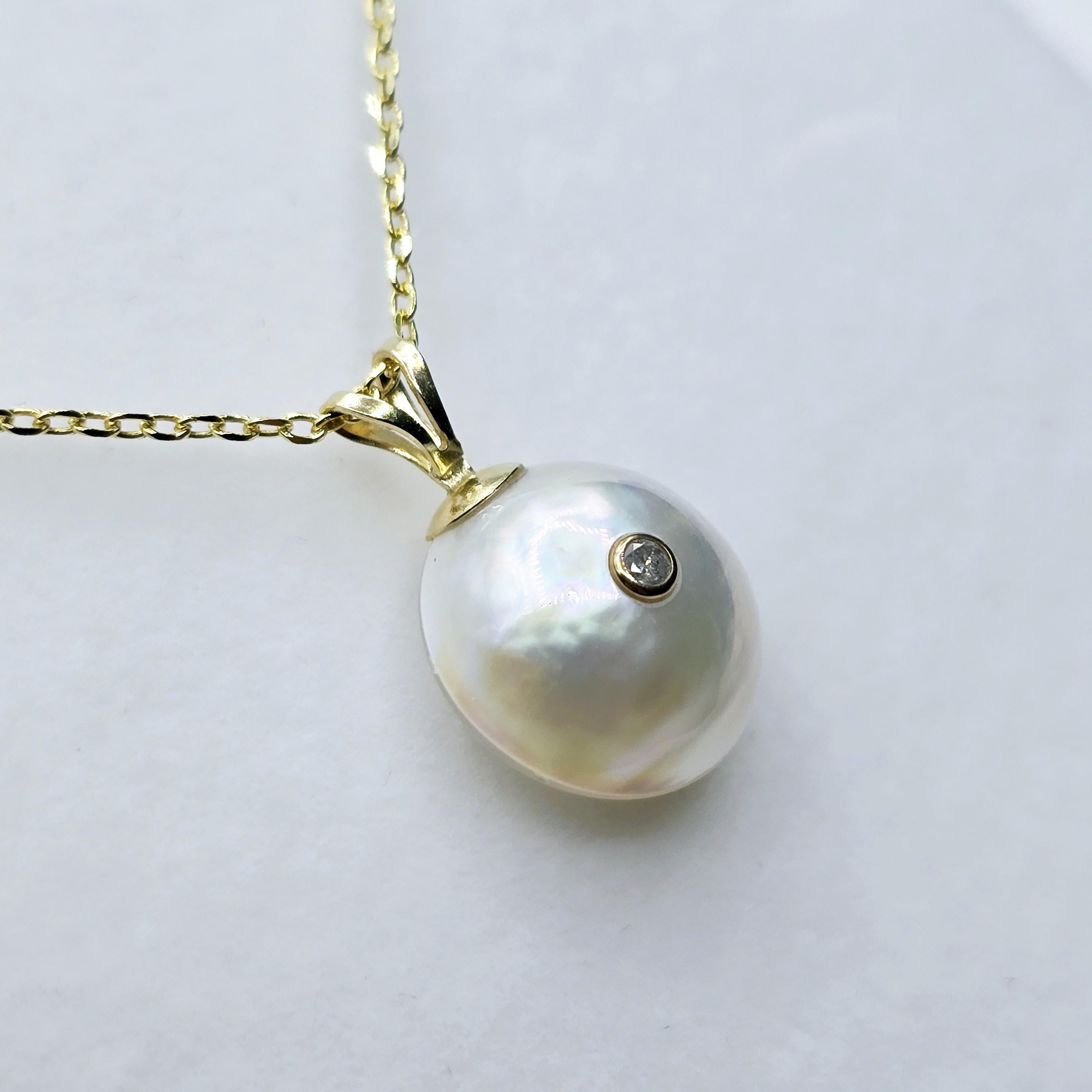 Gold Natural Pearl and Diamond Pendant Necklace, 14K Yellow Gold Pendant set with 12mm Mabe Pearl and Genuine Diamond Pendant