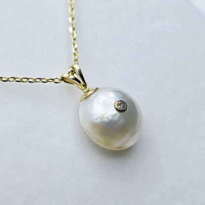 Gold Natural Pearl and Diamond Pendant Necklace, 14K Yellow Gold Pendant set with 12mm Mabe Pearl and Genuine Diamond Pendant
