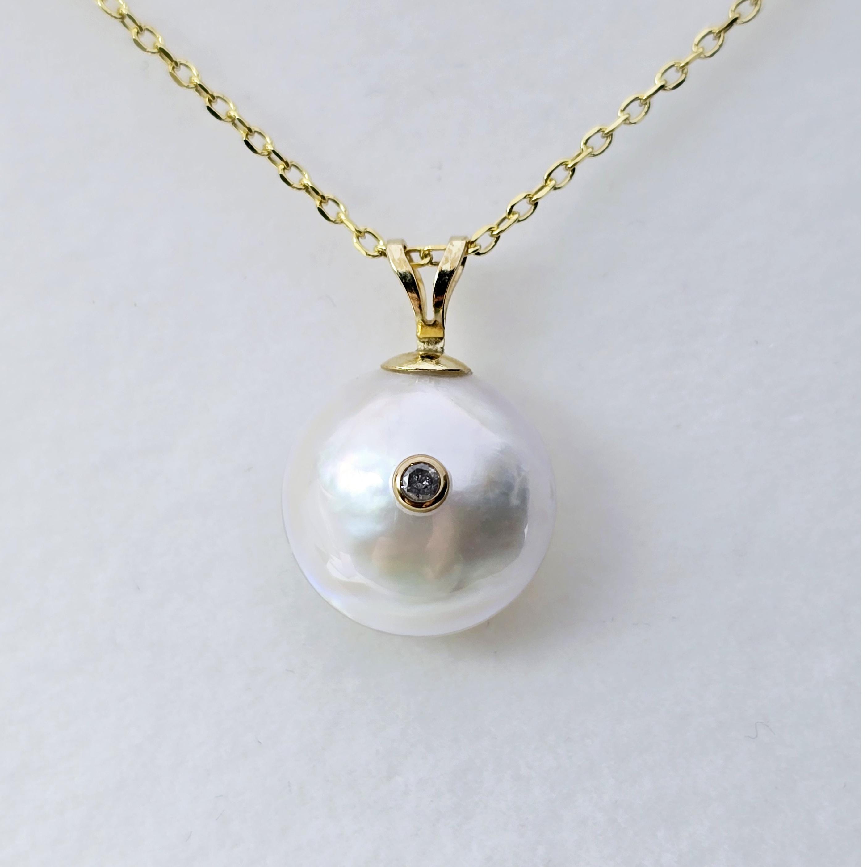 Gold Natural Pearl and Diamond Pendant Necklace, 14K Yellow Gold Pendant set with 12mm Mabe Pearl and Genuine Diamond Pendant