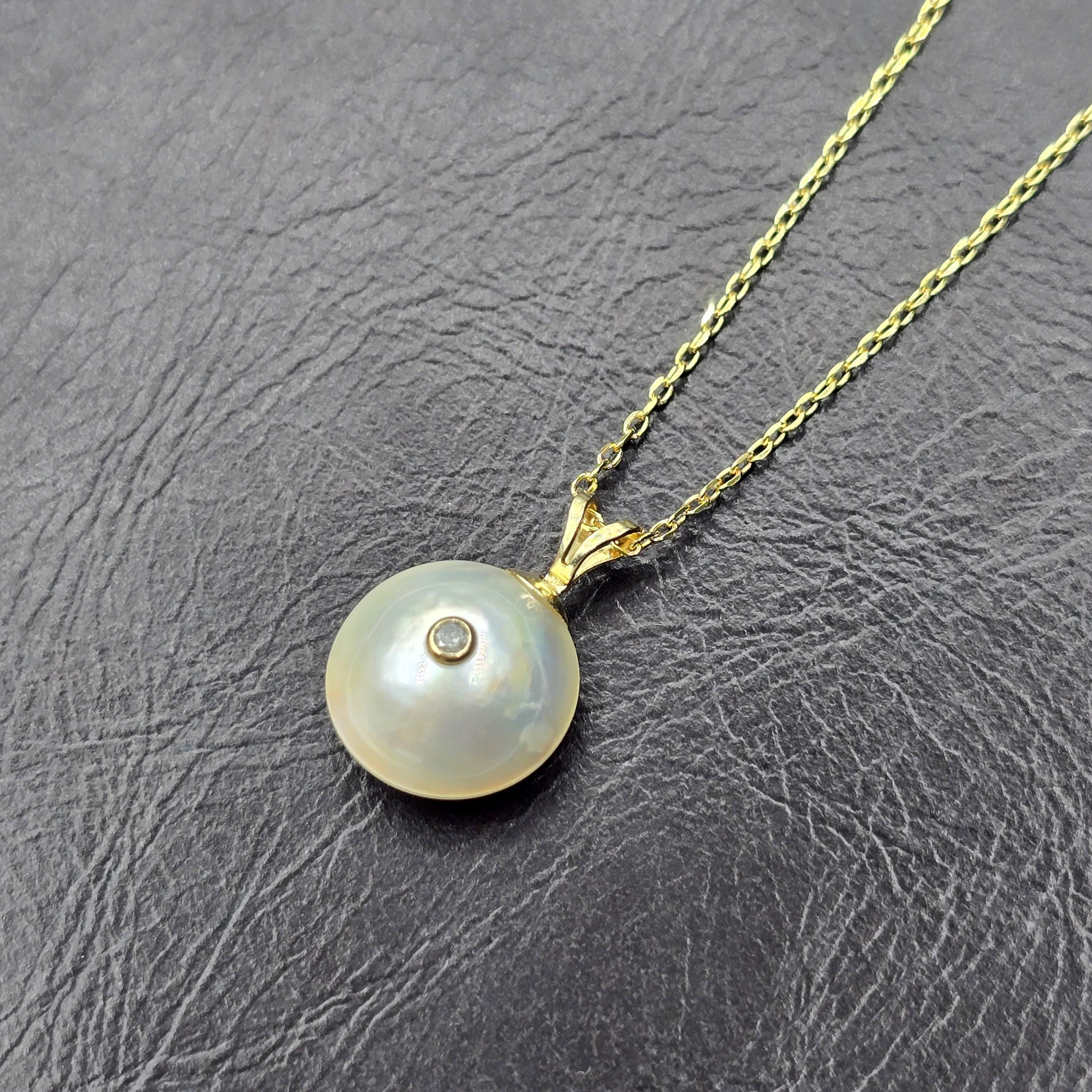 Gold Natural Pearl and Diamond Pendant Necklace, 14K Yellow Gold Pendant set with 12mm Mabe Pearl and Genuine Diamond Pendant