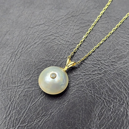 Gold Natural Pearl and Diamond Pendant Necklace, 14K Yellow Gold Pendant set with 12mm Mabe Pearl and Genuine Diamond Pendant