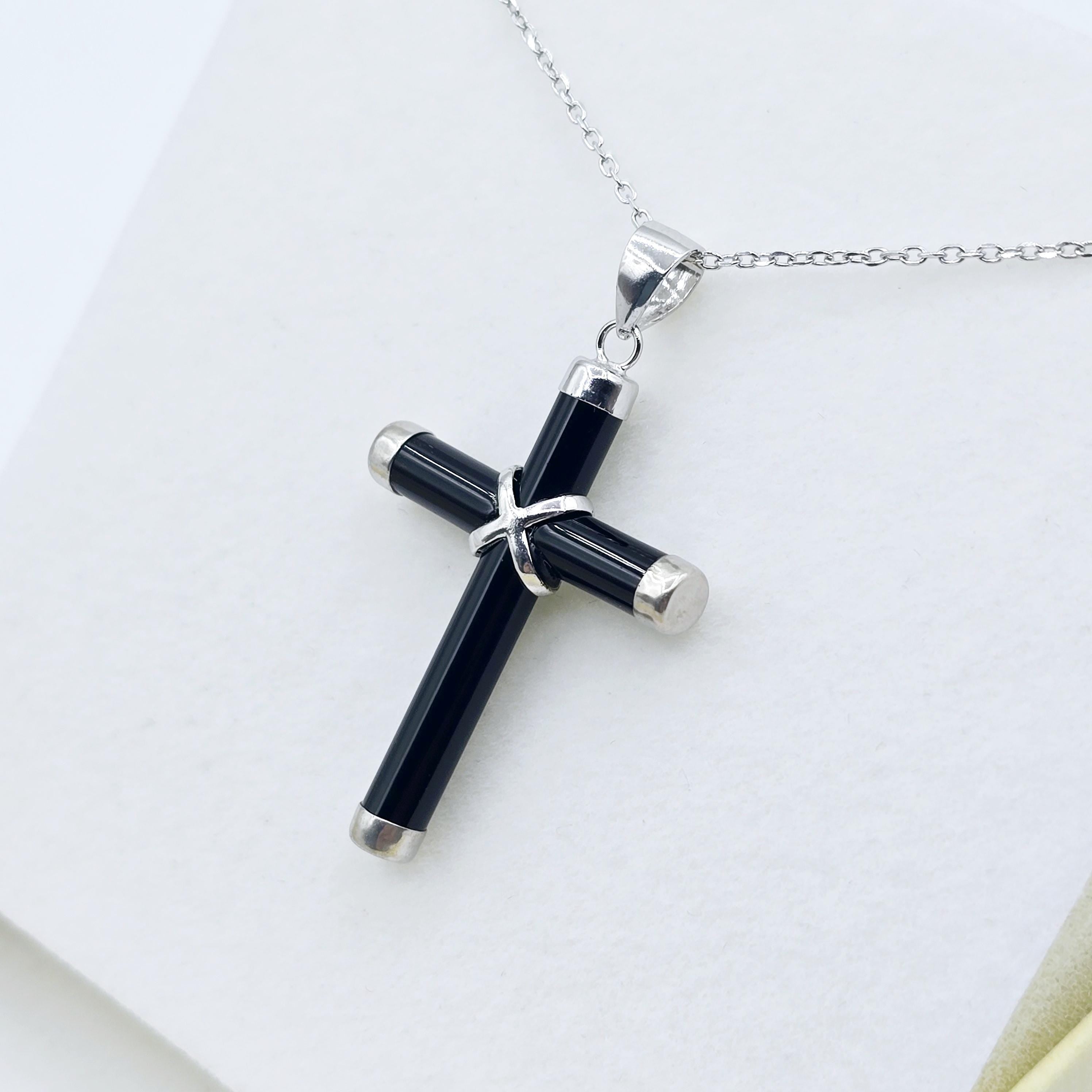 Sterling Silver Genuine Black Cross Pendant with Chain, Black Cross Necklace, Christmas Gift , New Year Gift