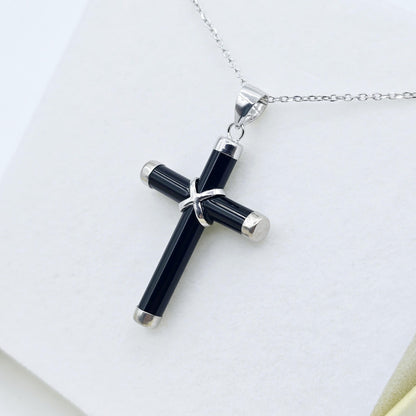 Sterling Silver Genuine Black Cross Pendant with Chain, Black Cross Necklace, Christmas Gift , New Year Gift