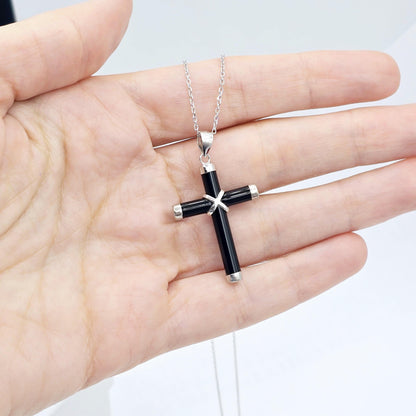 Sterling Silver Genuine Black Cross Pendant with Chain, Black Cross Necklace, Christmas Gift , New Year Gift