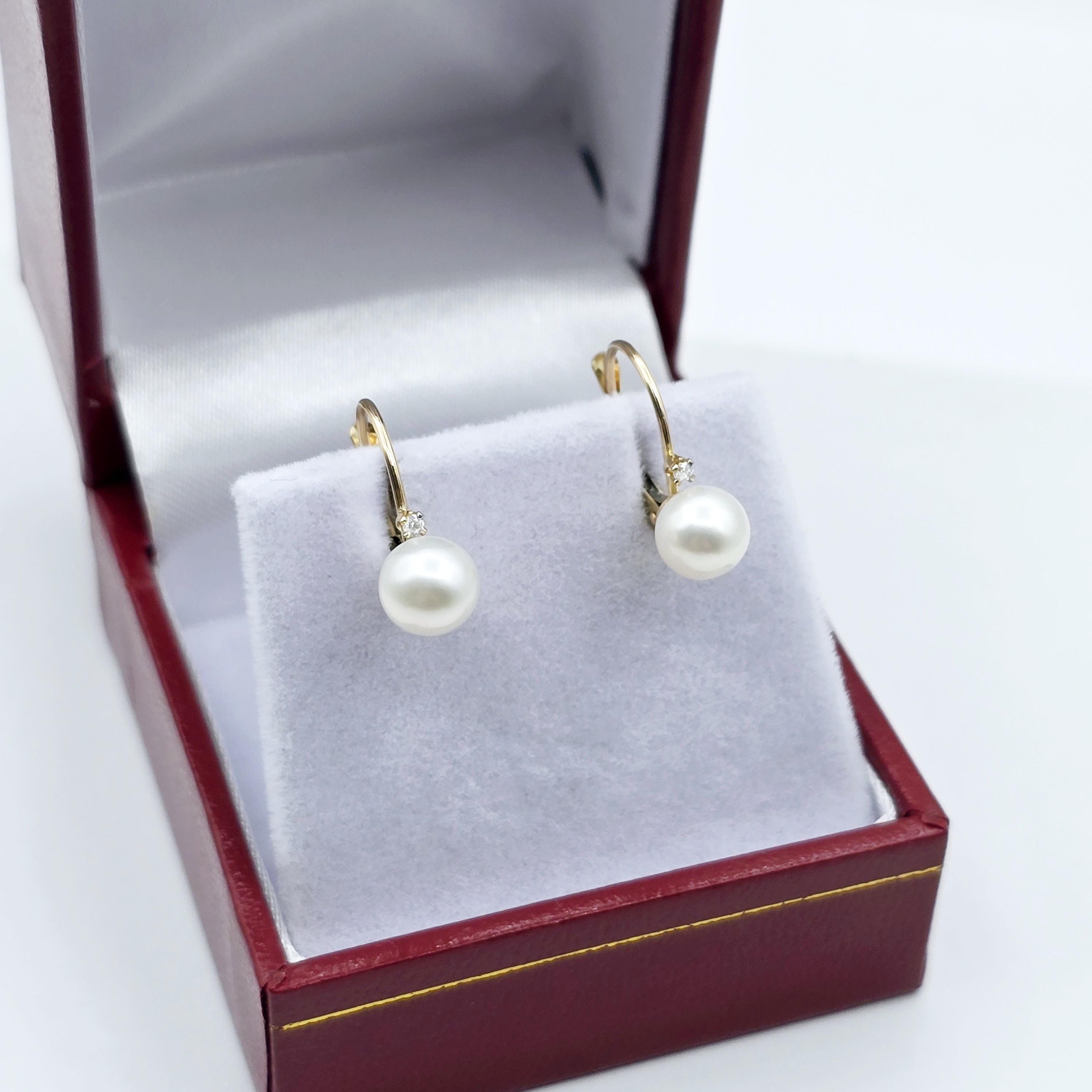 14K Gold Leverback Pearl Earrings with Diamond Accent - Elegant Fine Jewelry
