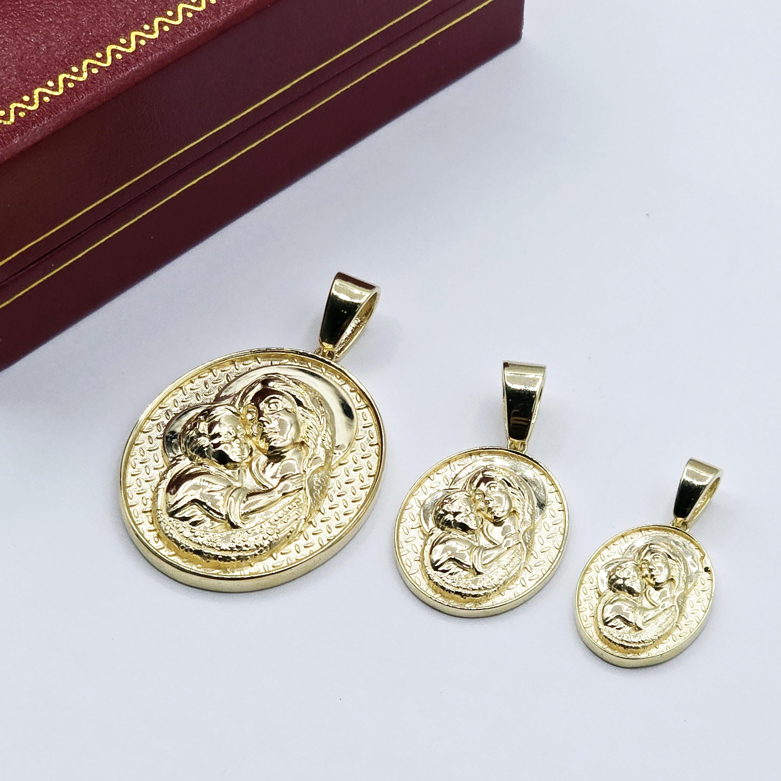 Textured Virgin Mary and Baby Jesus Medallion Pendant, 10K Yellow Gold Pendant, Christmas Religious Gifts, Mother Mary and Jesus Pendant