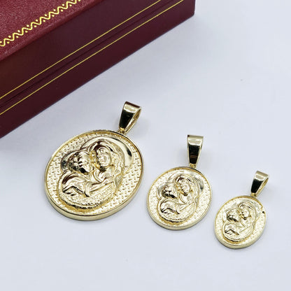 Textured Virgin Mary and Baby Jesus Medallion Pendant, 10K Yellow Gold Pendant, Christmas Religious Gifts, Mother Mary and Jesus Pendant
