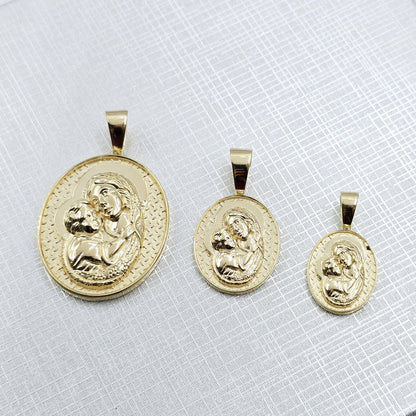 Textured Virgin Mary and Baby Jesus Medallion Pendant, 10K Yellow Gold Pendant, Christmas Religious Gifts, Mother Mary and Jesus Pendant