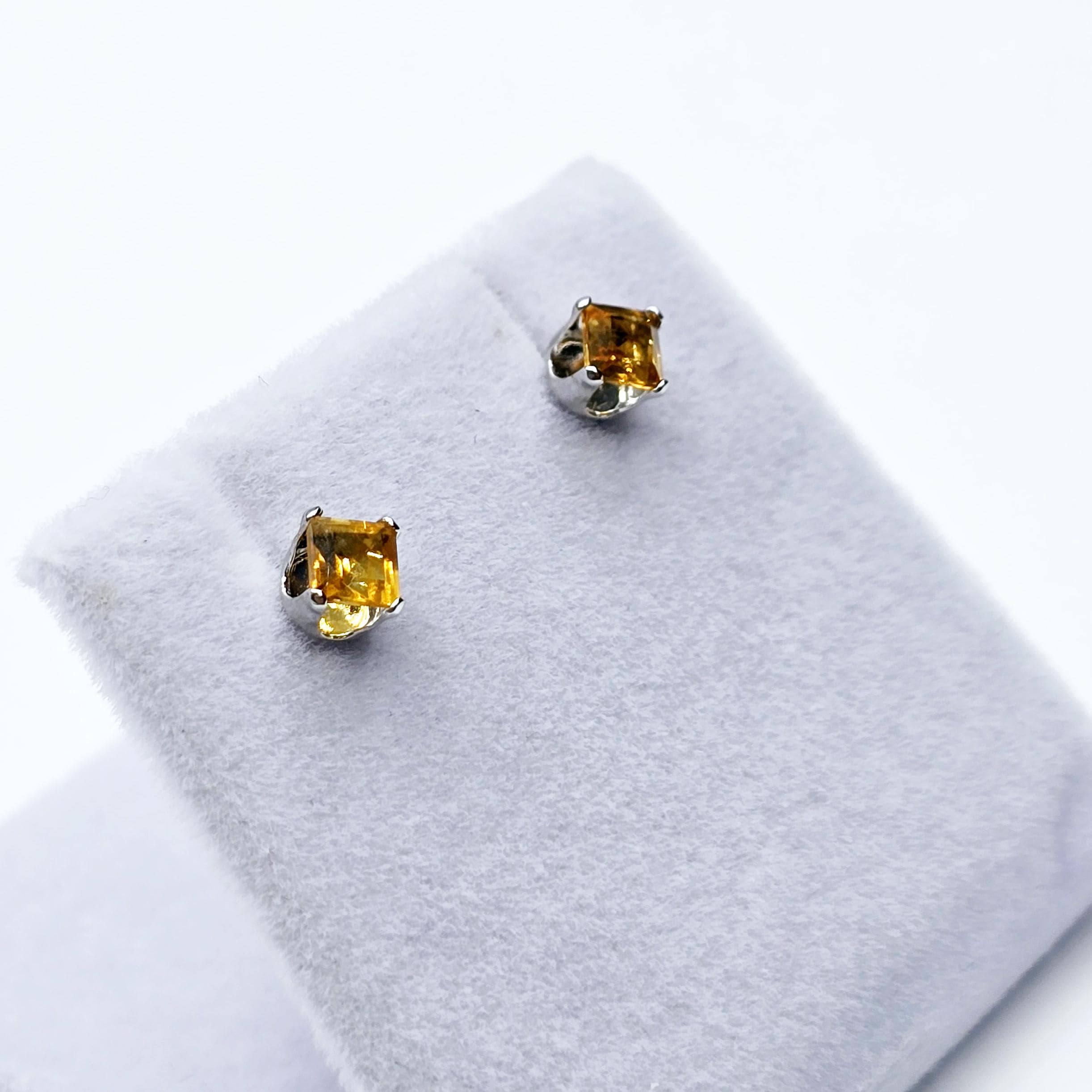 Gold Citrine Stud Earrings,  10K White Gold Genuine Square Citrine 3.5mm Stud Earrings