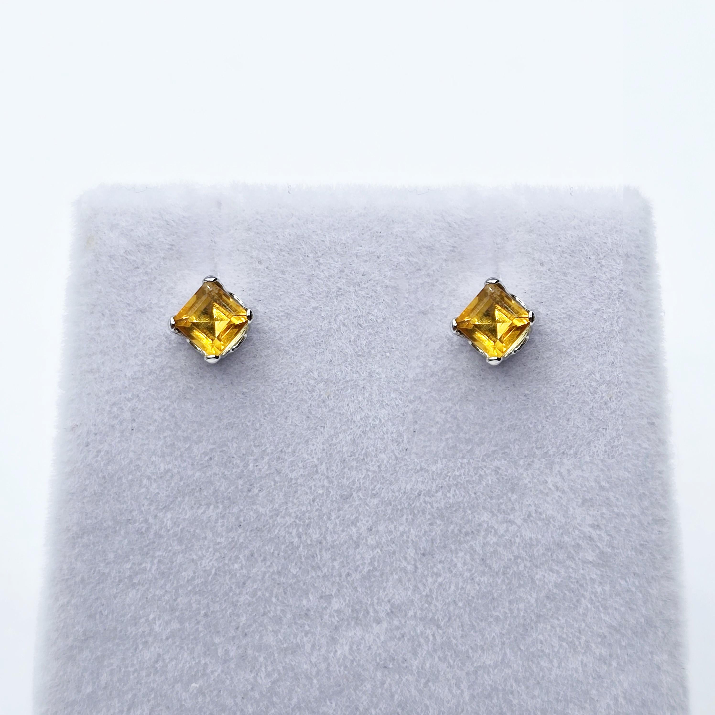 Gold Citrine Stud Earrings,  10K White Gold Genuine Square Citrine 3.5mm Stud Earrings