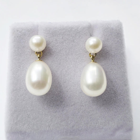 Gold Freshwater Pearl Drop Earrings, 14K Yellow Gold Studs, Bridesmaid Gift