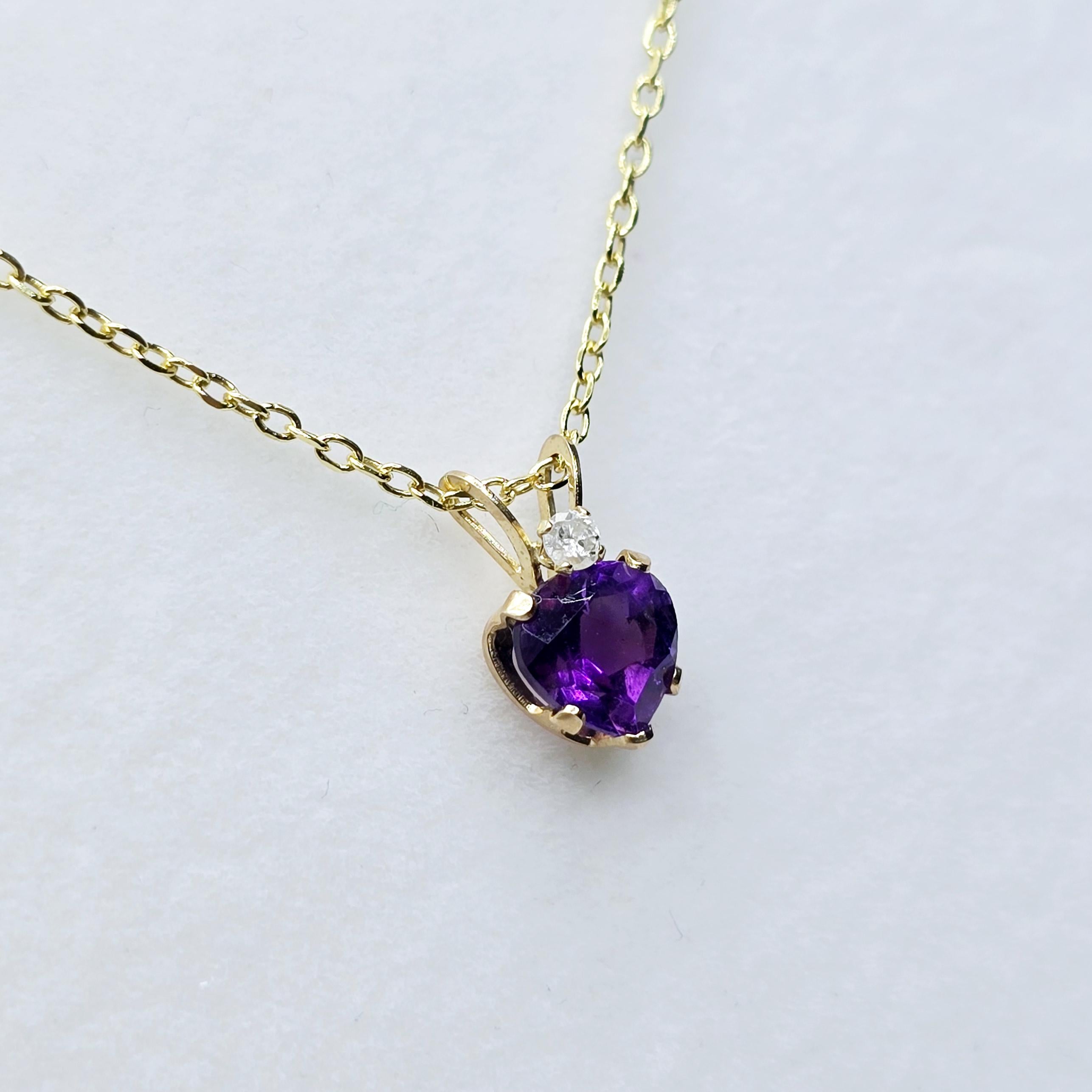 Gold Amethyst Pendant Necklace, 10K Gold  Genuine Heart Shaped Amethyst 6x6mm with Diamond  Pendant, Purple Gemstone Jewelry