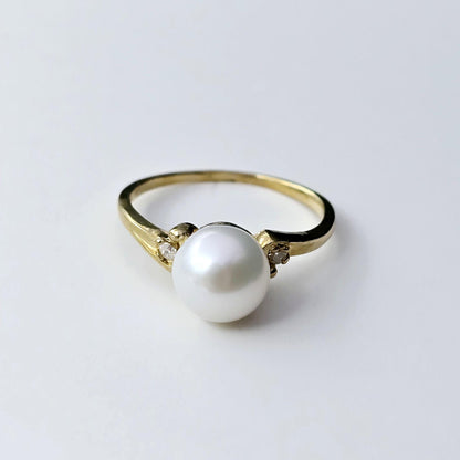 Gold Pearl Ring , 10K Yellow Gold Pearl 8mm and Diamond Ring, June Birthstone, Birthstone Ring, Classic Pearl Ring, Pearl Ring for Women