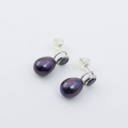 Handmade 14K White Gold Black Freshwater Pearl & Black Diamond Stud Earrings | Elegant Wedding Jewelry | Unique Bridal Accessories