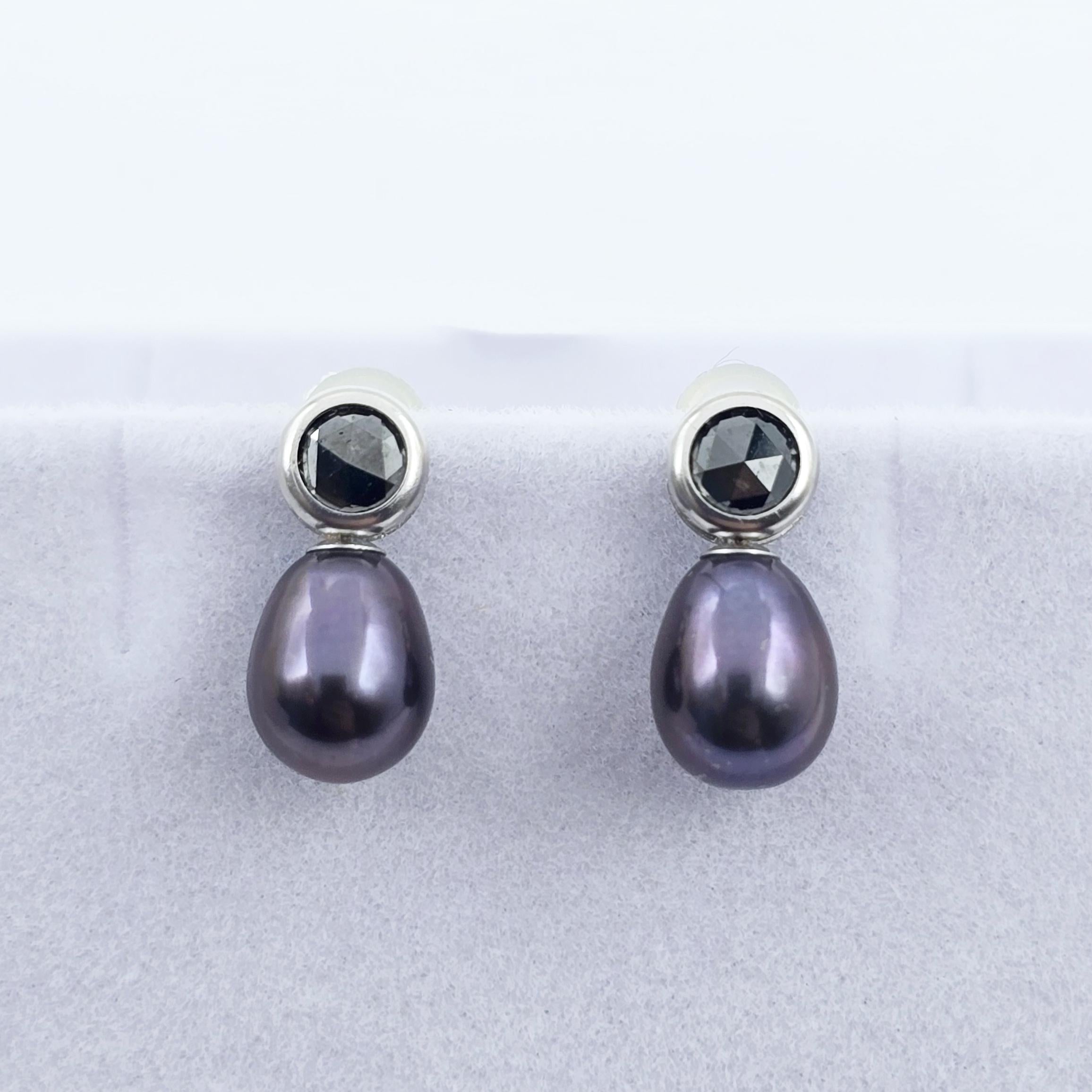Handmade 14K White Gold Black Freshwater Pearl & Black Diamond Stud Earrings | Elegant Wedding Jewelry | Unique Bridal Accessories