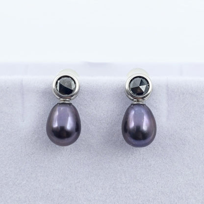 Handmade 14K White Gold Black Freshwater Pearl & Black Diamond Stud Earrings | Elegant Wedding Jewelry | Unique Bridal Accessories