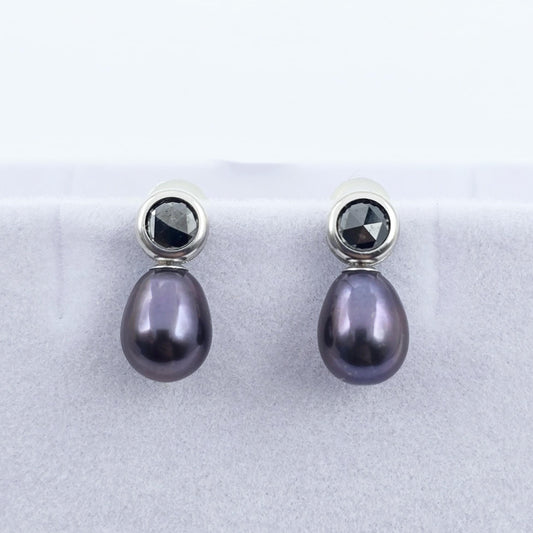 Handmade 14K White Gold Black Freshwater Pearl & Black Diamond Stud Earrings | Elegant Wedding Jewelry | Unique Bridal Accessories
