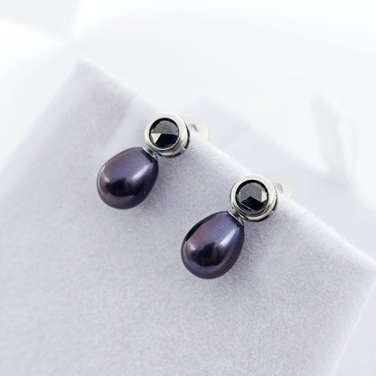 Handmade 14K White Gold Black Freshwater Pearl & Black Diamond Stud Earrings | Elegant Wedding Jewelry | Unique Bridal Accessories