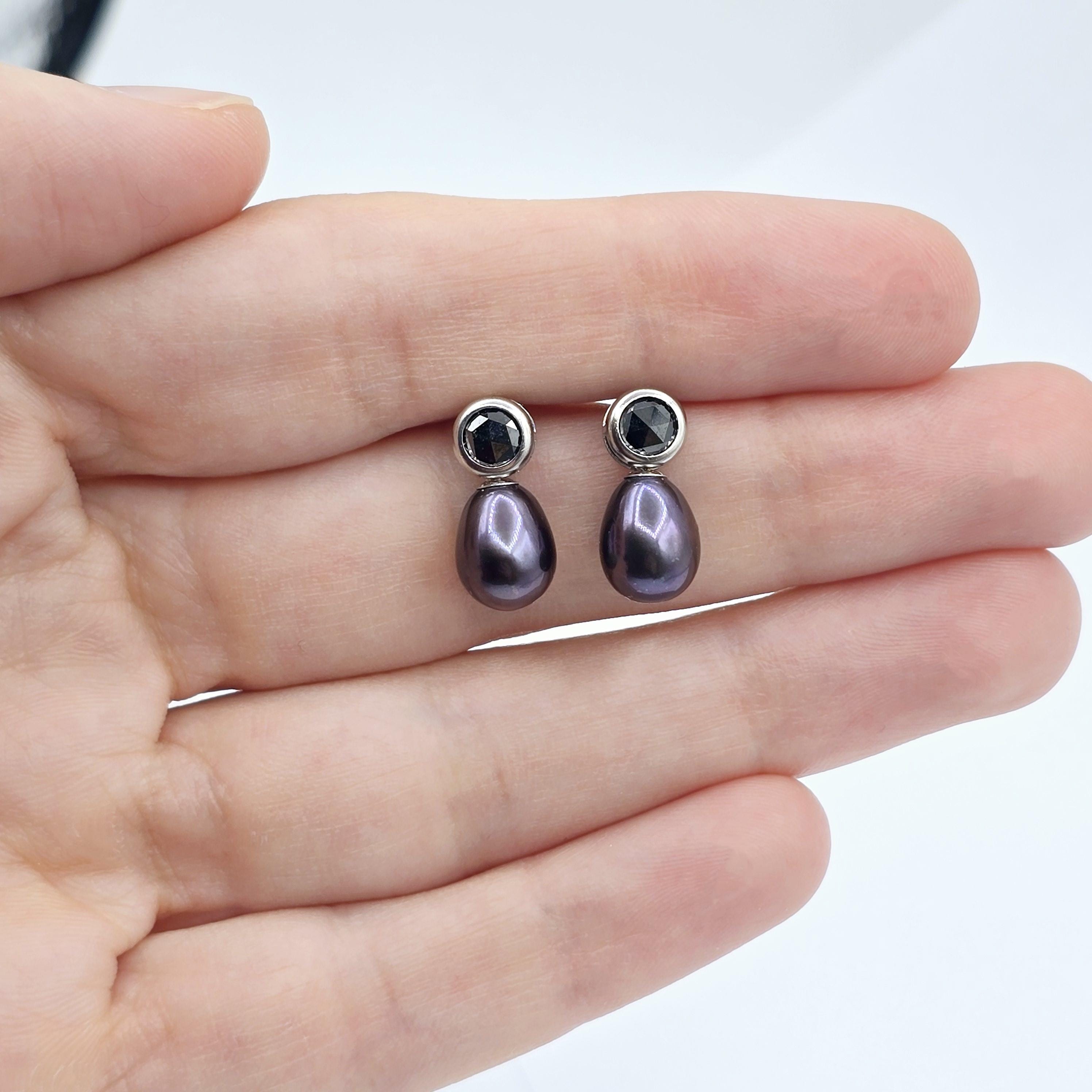 Handmade 14K White Gold Black Freshwater Pearl & Black Diamond Stud Earrings | Elegant Wedding Jewelry | Unique Bridal Accessories