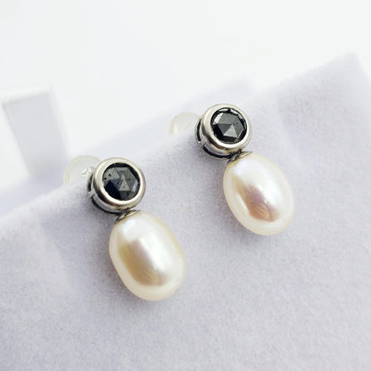 Handmade 14K White Gold Genuine Freshwater Pearl & Black Diamond Stud Earrings | Elegant Wedding Jewelry | Unique Bridal Accessories