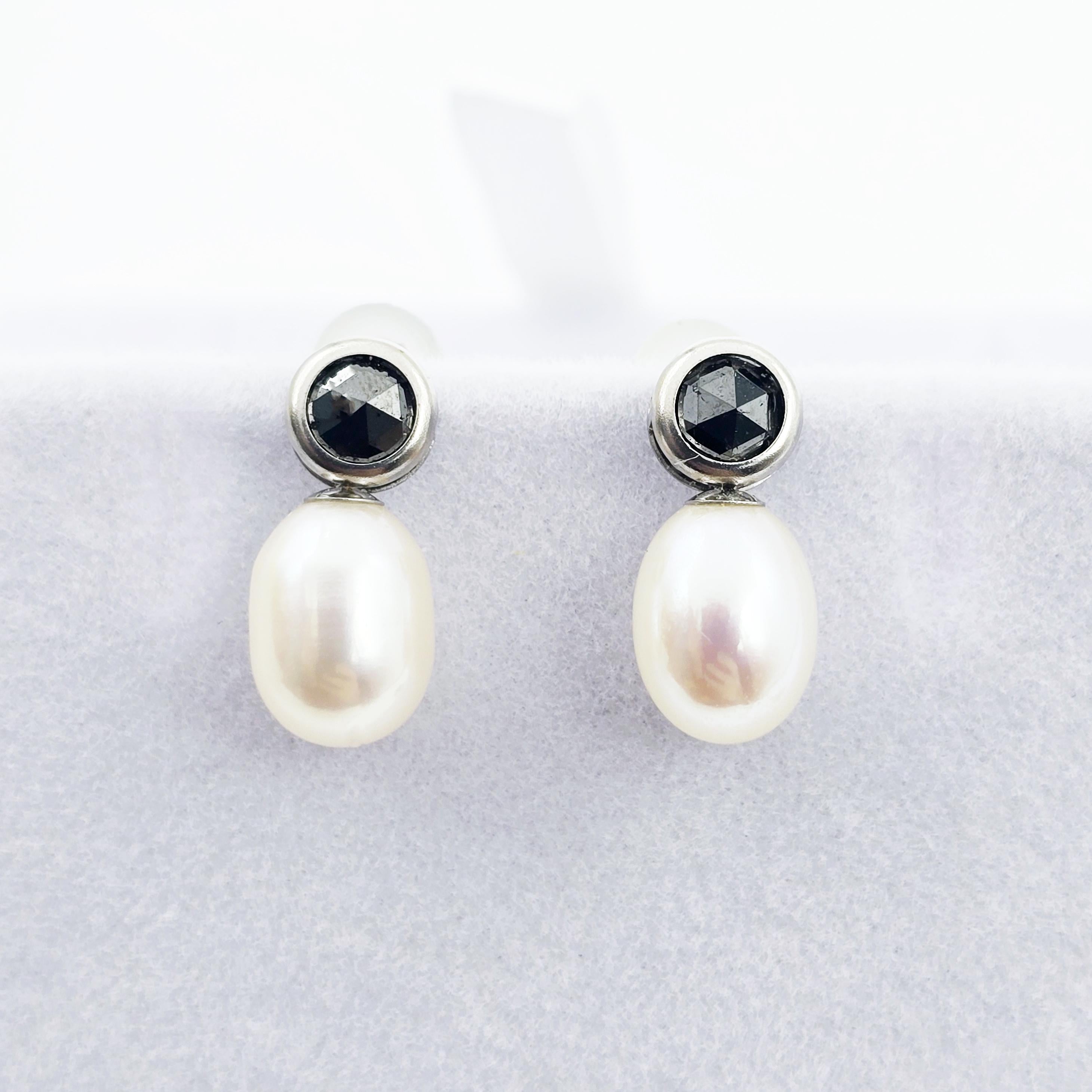 Handmade 14K White Gold Genuine Freshwater Pearl & Black Diamond Stud Earrings | Elegant Wedding Jewelry | Unique Bridal Accessories