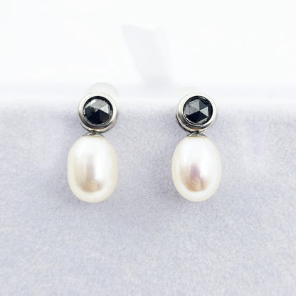 Handmade 14K White Gold Genuine Freshwater Pearl & Black Diamond Stud Earrings | Elegant Wedding Jewelry | Unique Bridal Accessories