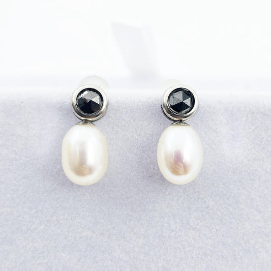 Handmade 14K White Gold Genuine Freshwater Pearl & Black Diamond Stud Earrings | Elegant Wedding Jewelry | Unique Bridal Accessories