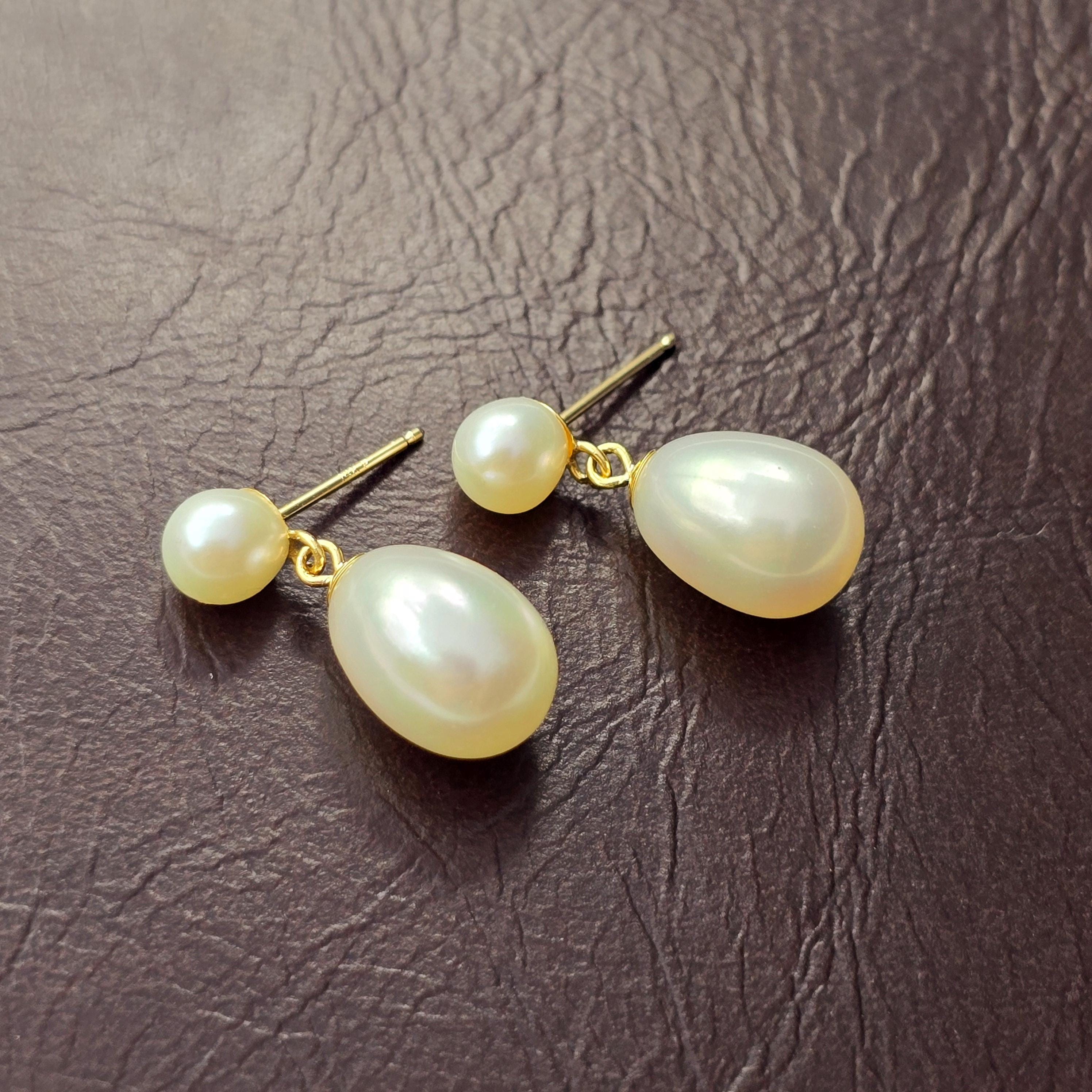 Gold Freshwater Pearl Drop Stud Earrings, 14K Yellow Gold Genuine Pearl Earrings, June Birthstone, Handmade Earrings, Earrings  For Wedding