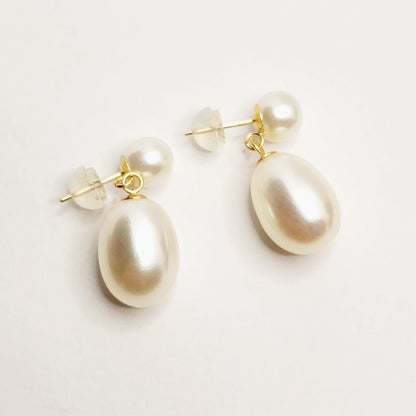 Gold Freshwater Pearl Drop Stud Earrings, 14K Yellow Gold Genuine Pearl Earrings, June Birthstone, Handmade Earrings, Earrings  For Wedding