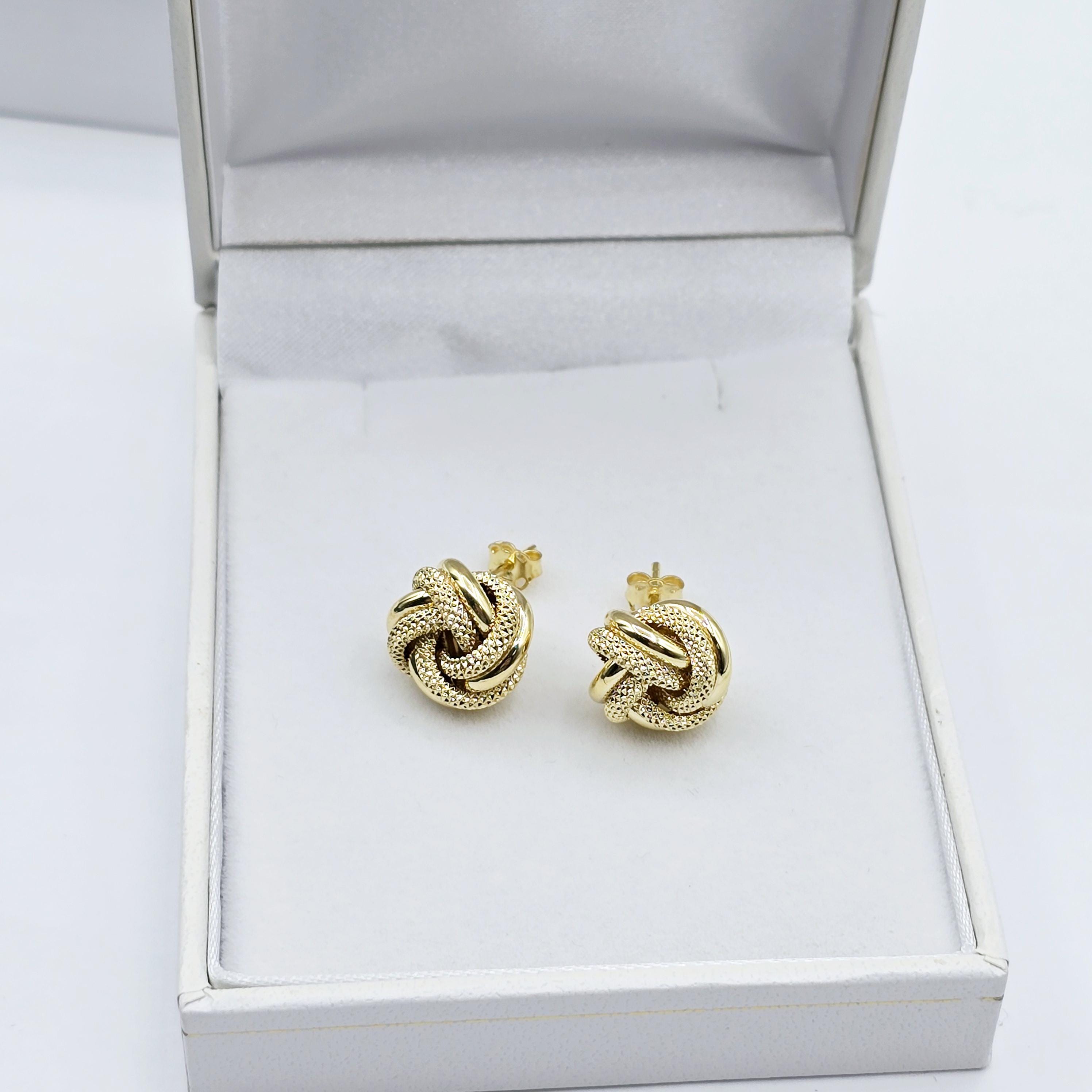 10K Yellow Gold Knot Textured Stud Earrings for Women, Elegant and Minimalist Earrings 12mm. Perfect Gift for Her, Everyday Wear