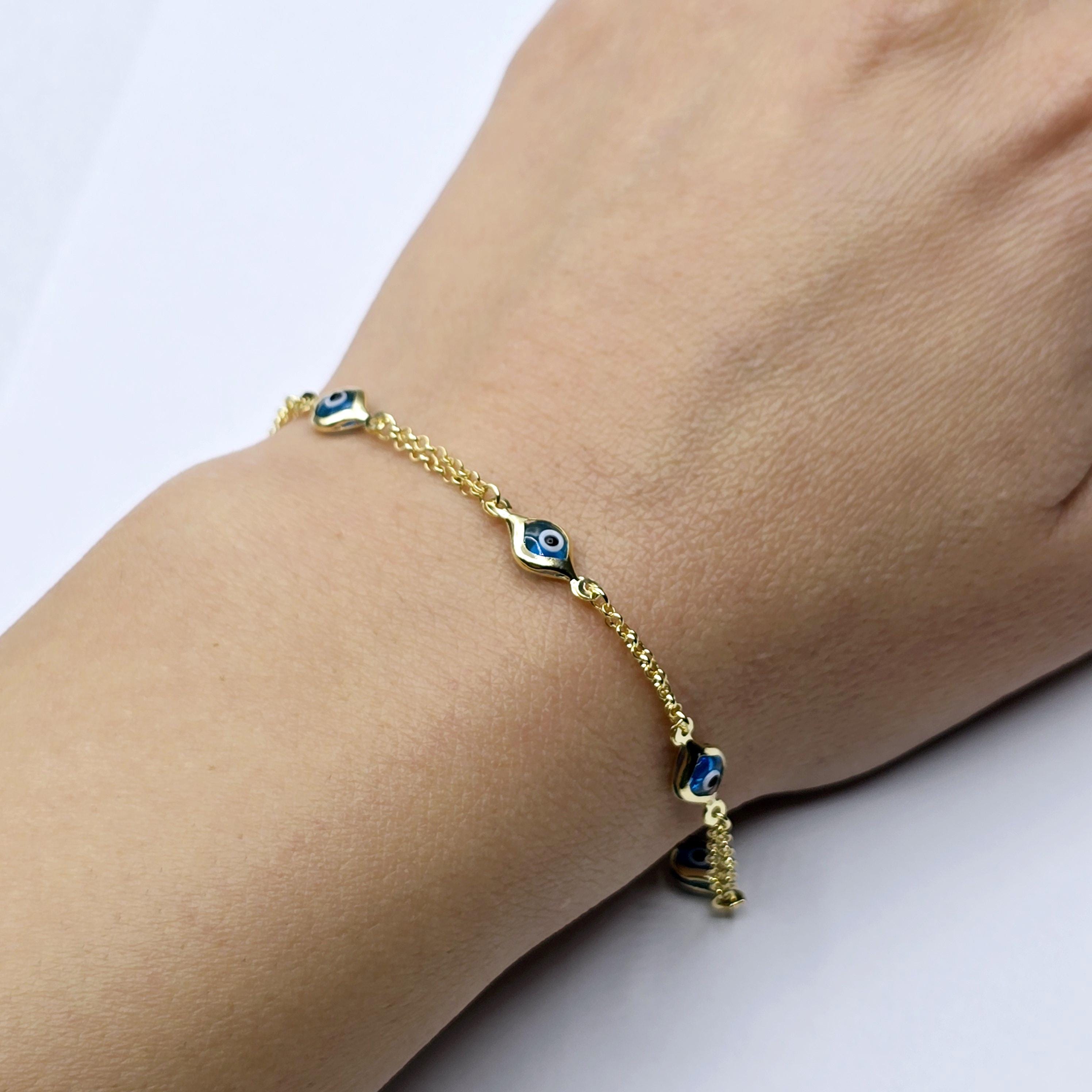 10K Yellow Gold Evil Eye Bracelet, Evil Eye Charm Bracelet,  Good Luck Bracelet, Lucky Bracelet for Protection, Gold Evil Eye Gift