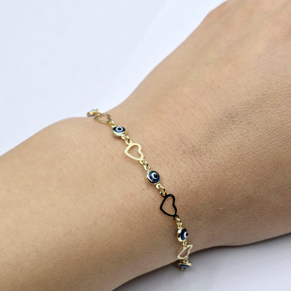 10K Yellow Gold Evil Eye Bracelet, Evil Eye and Heart Charm Bracelet,  Love and Luck Bracelet, Spiritual Jewelry, Gold Evil Eye Gift