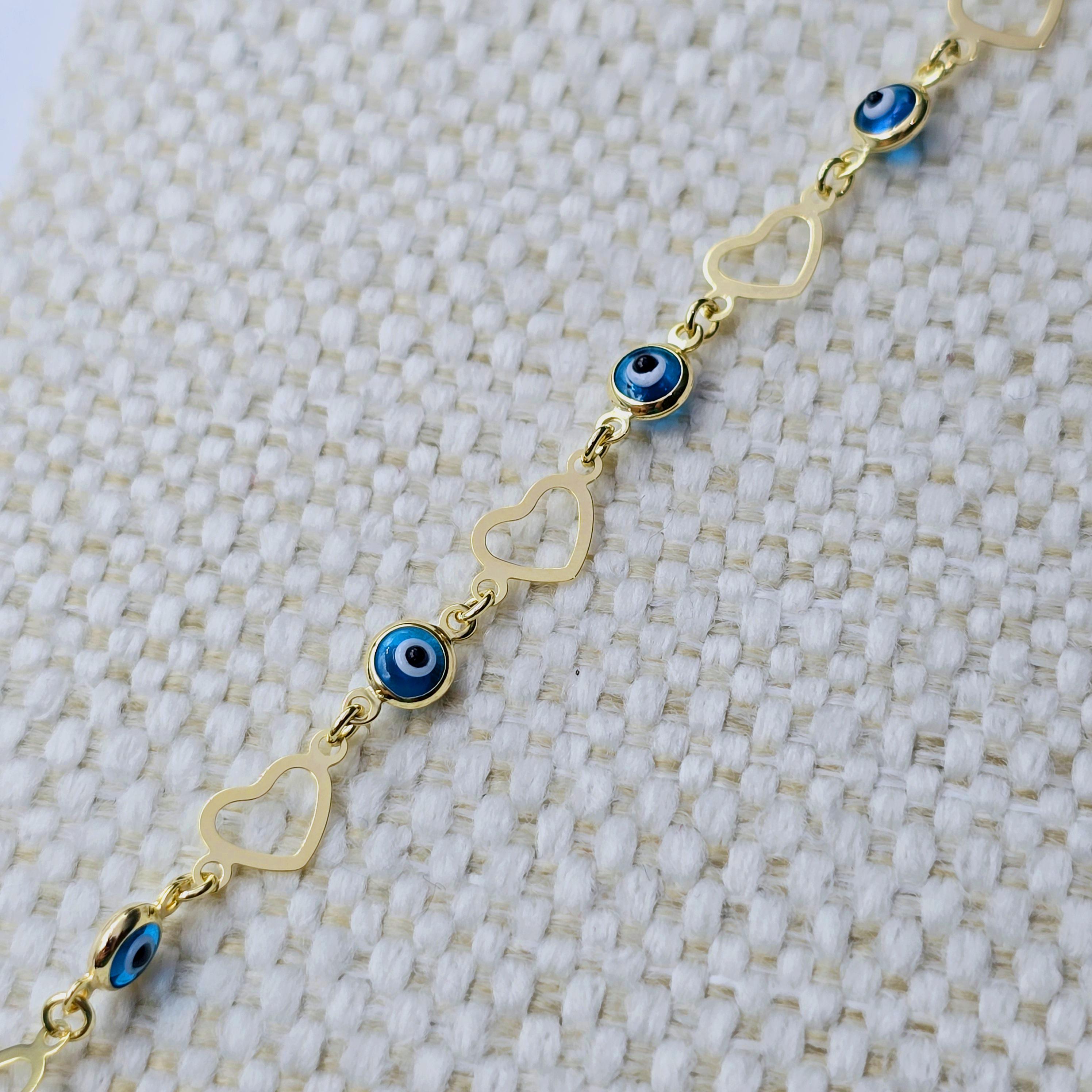 10K Yellow Gold Evil Eye Bracelet, Evil Eye and Heart Charm Bracelet,  Love and Luck Bracelet, Spiritual Jewelry, Gold Evil Eye Gift